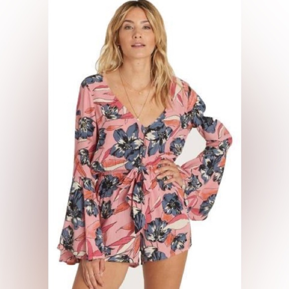 Billabong Pink Floral Bell Sleeve Romper